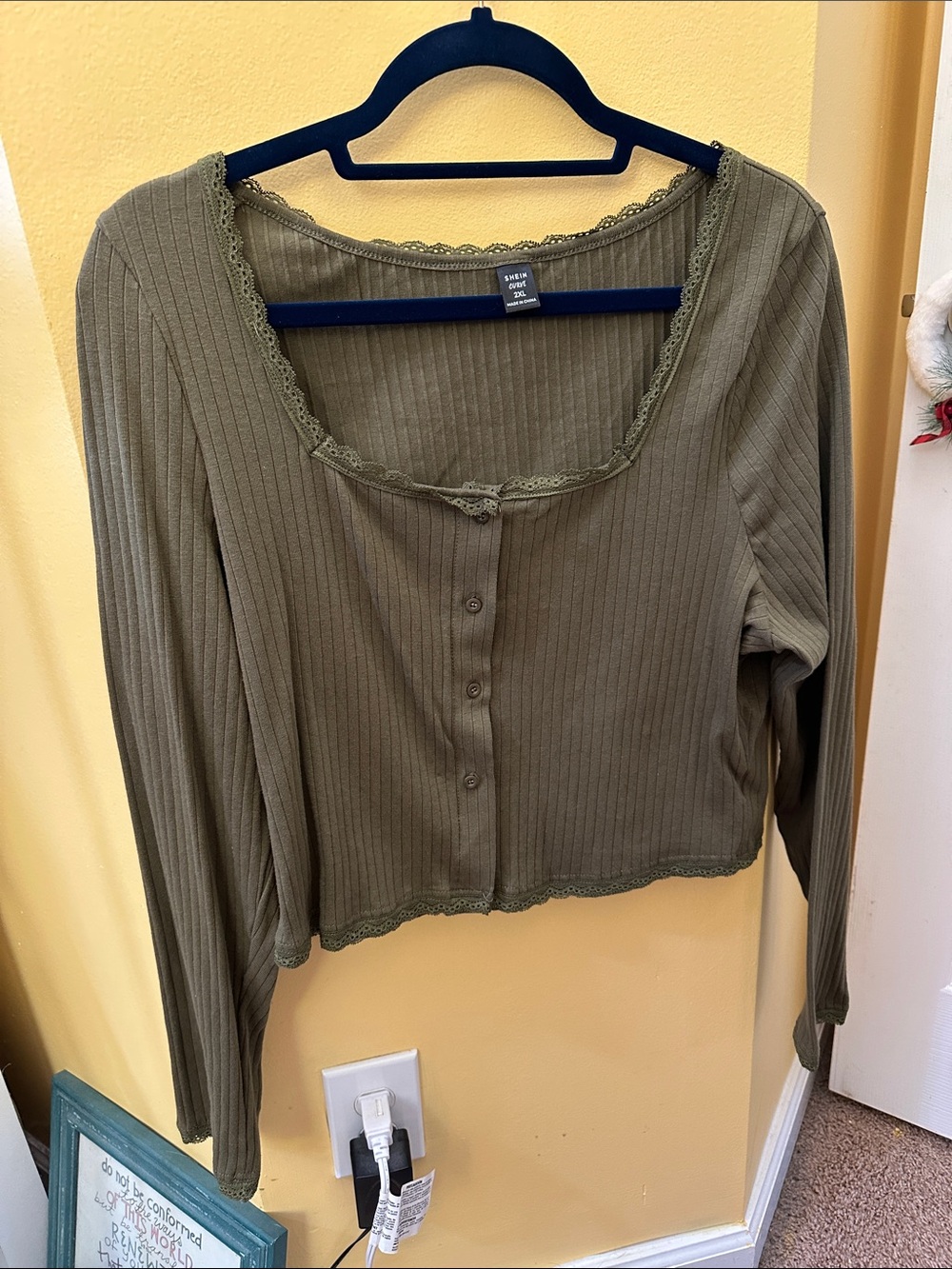 Olive Ribbed Lace-Trim Button Front Cardigan/Top